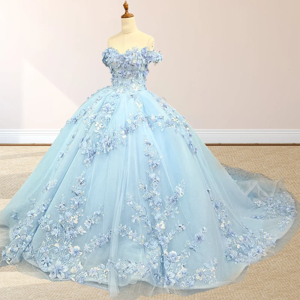 Sky Blue Lace Princess Appliqued Quinceanera Dress Gidiondress