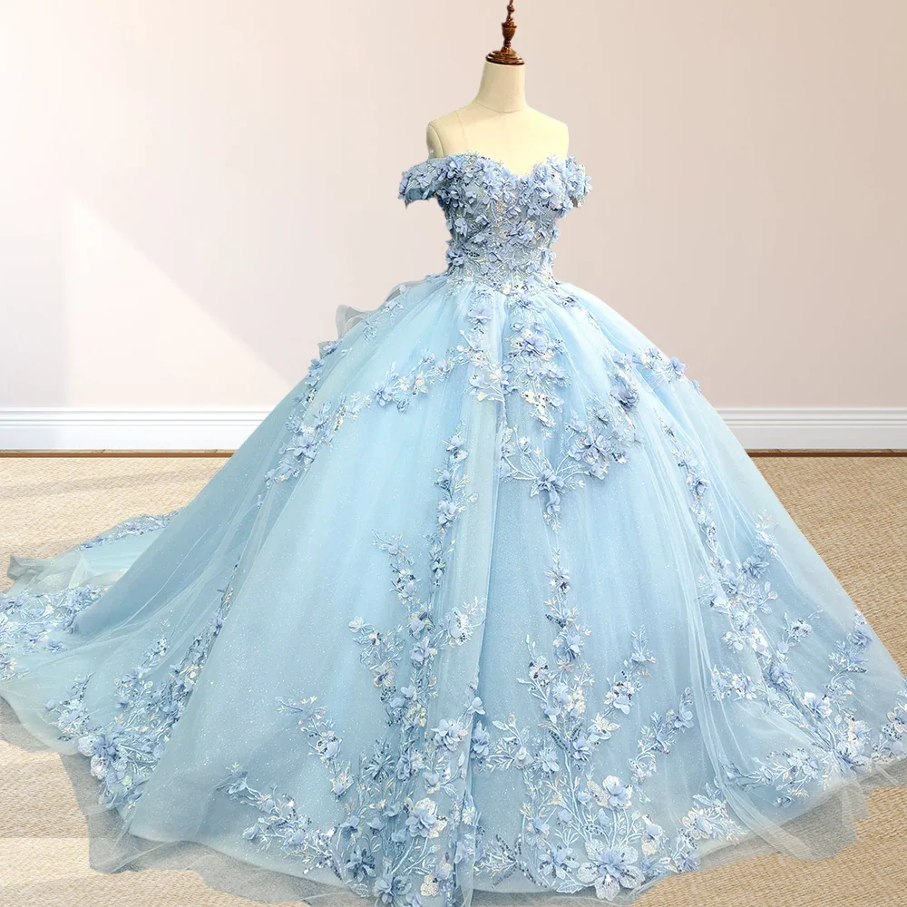 Sky Blue Lace Princess Appliqued Quinceanera Dress Gidiondress