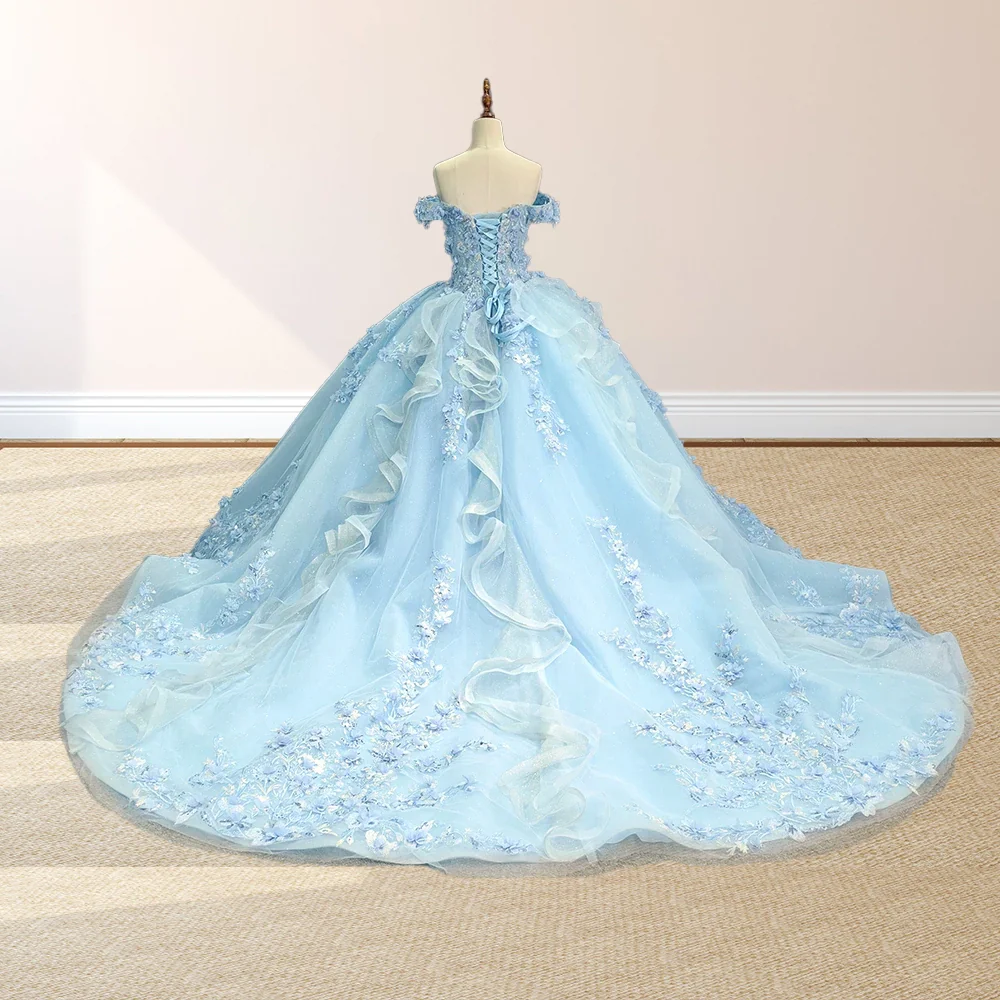 Sky Blue Lace Princess Appliqued Quinceanera Dress Gidiondress