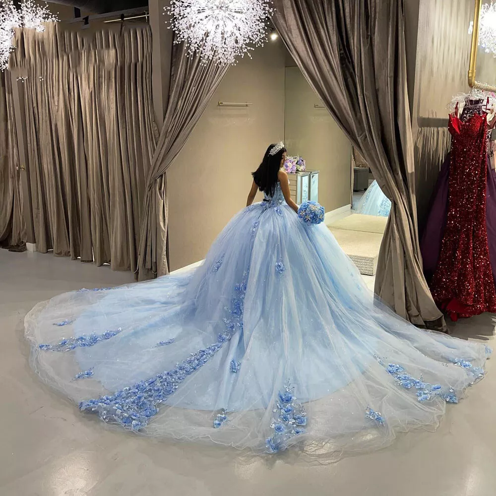 Sky Blue Tulle Ball-Gown Strapless Sleeveless Quinceanera Dresses Gidiondress