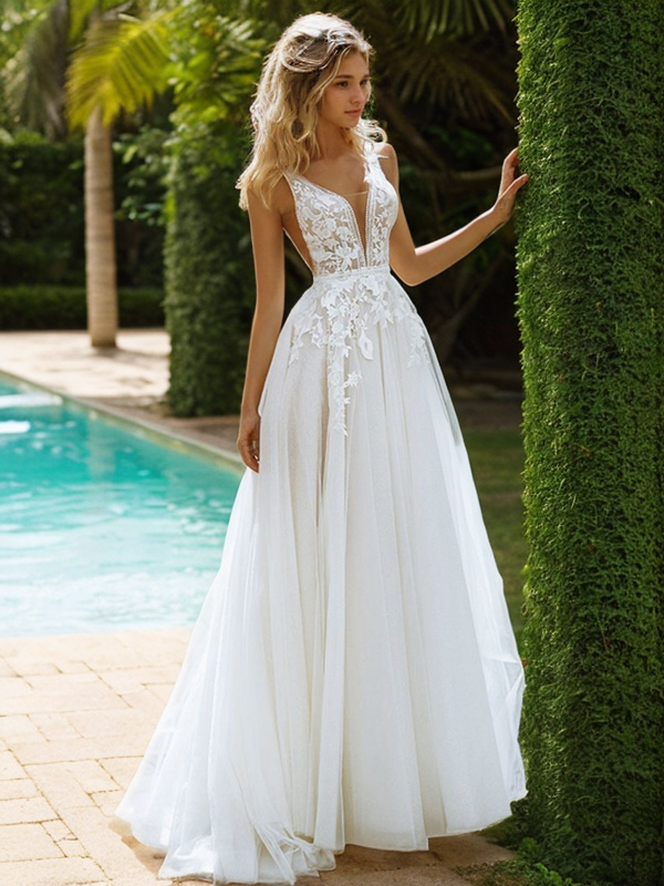 A-Line/Princess Tulle Lace V-neck Sleeveless Sweep/Brush Train Wedding Dresses BabaMila Ivory 2