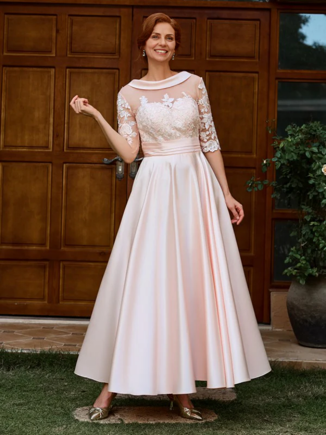 A-LINE APPLIQUES LACE ANKLE-LENGTH SATIN MOTHER OF THE BRIDE DRESS 1/2 SLEEVES BabaMila as picture 2