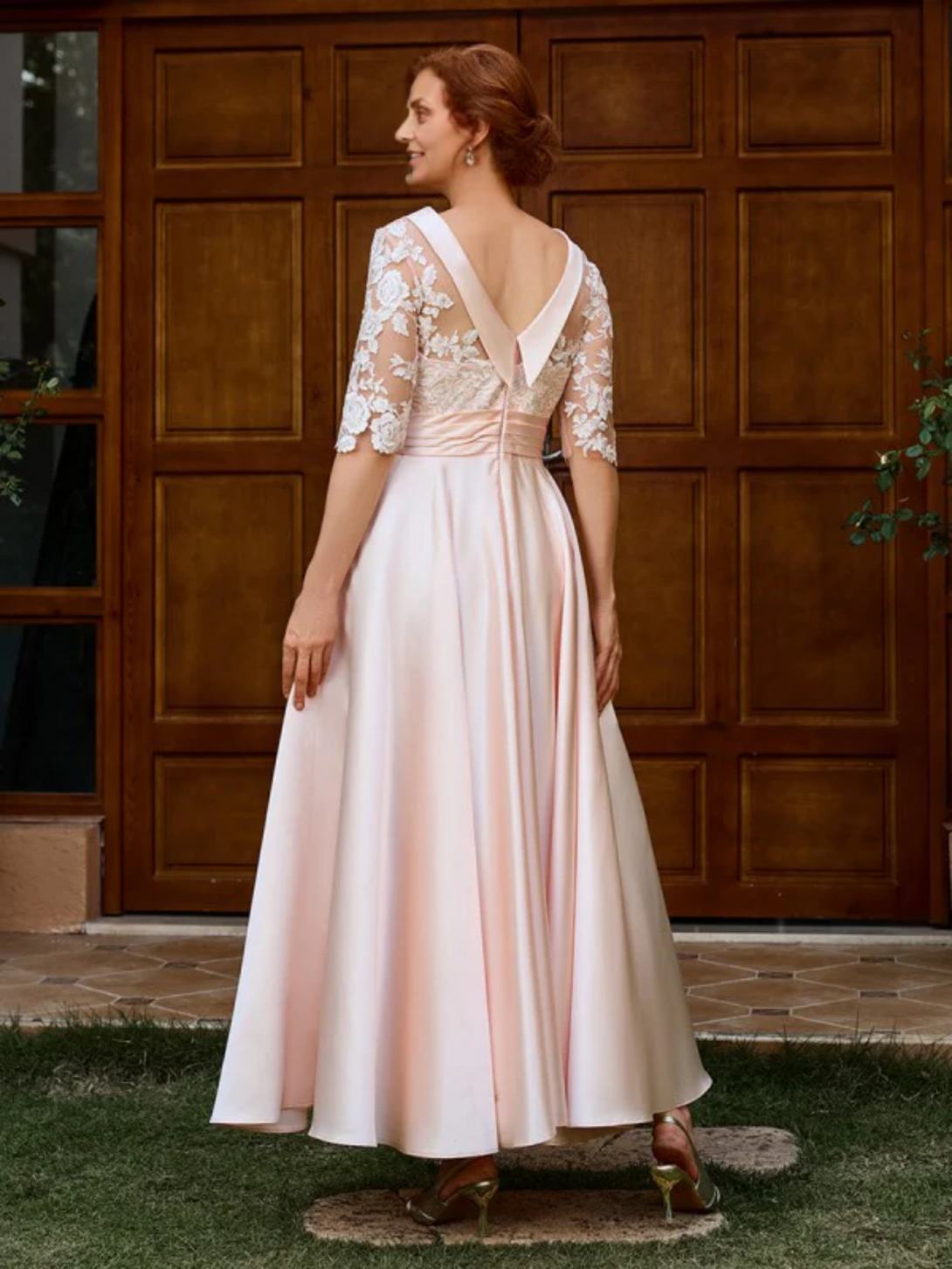 A-LINE APPLIQUES LACE ANKLE-LENGTH SATIN MOTHER OF THE BRIDE DRESS 1/2 SLEEVES BabaMila