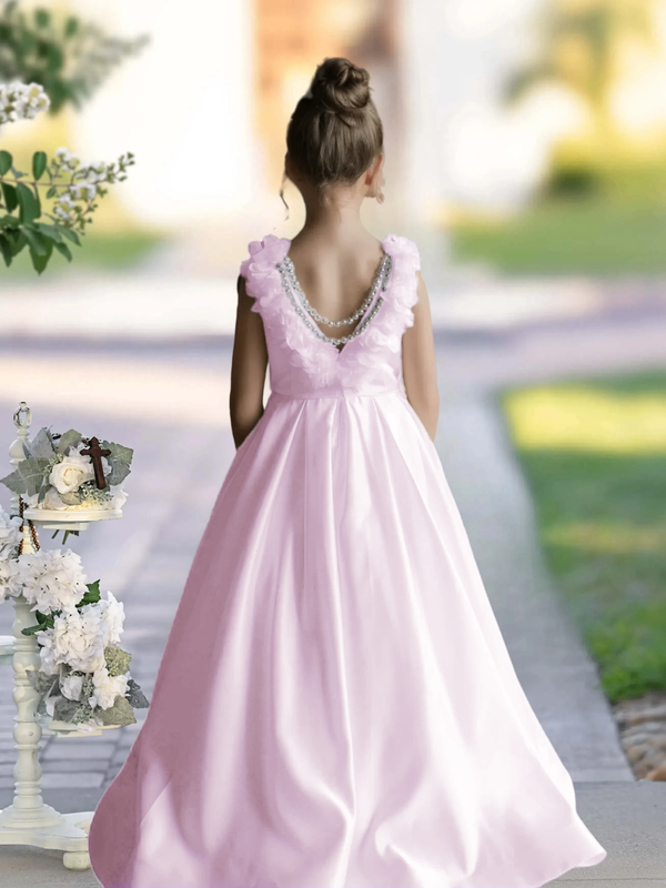 Flower Girl Dresses A-Line Sleeveless Floor-Length Satin First Communion Dresses 3D Flower Gidiondress