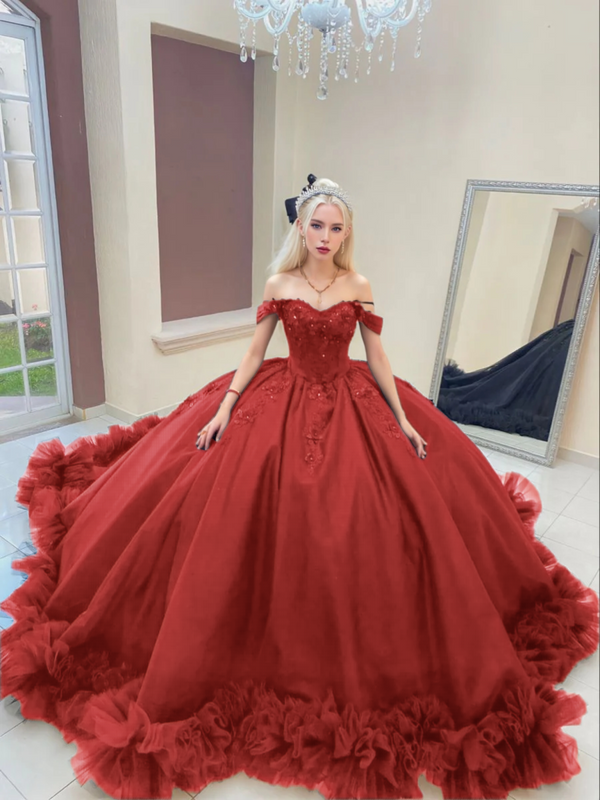 Ball Gown Tulle Off the Shoulder Quinceanera Prom Dress Gidiondress Burgundy 2