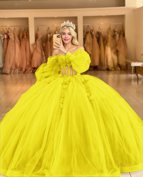 Sky Blue Quinceanera Dresses with 3D Flowers and Half Sleeve Gidiondress Yellow 2