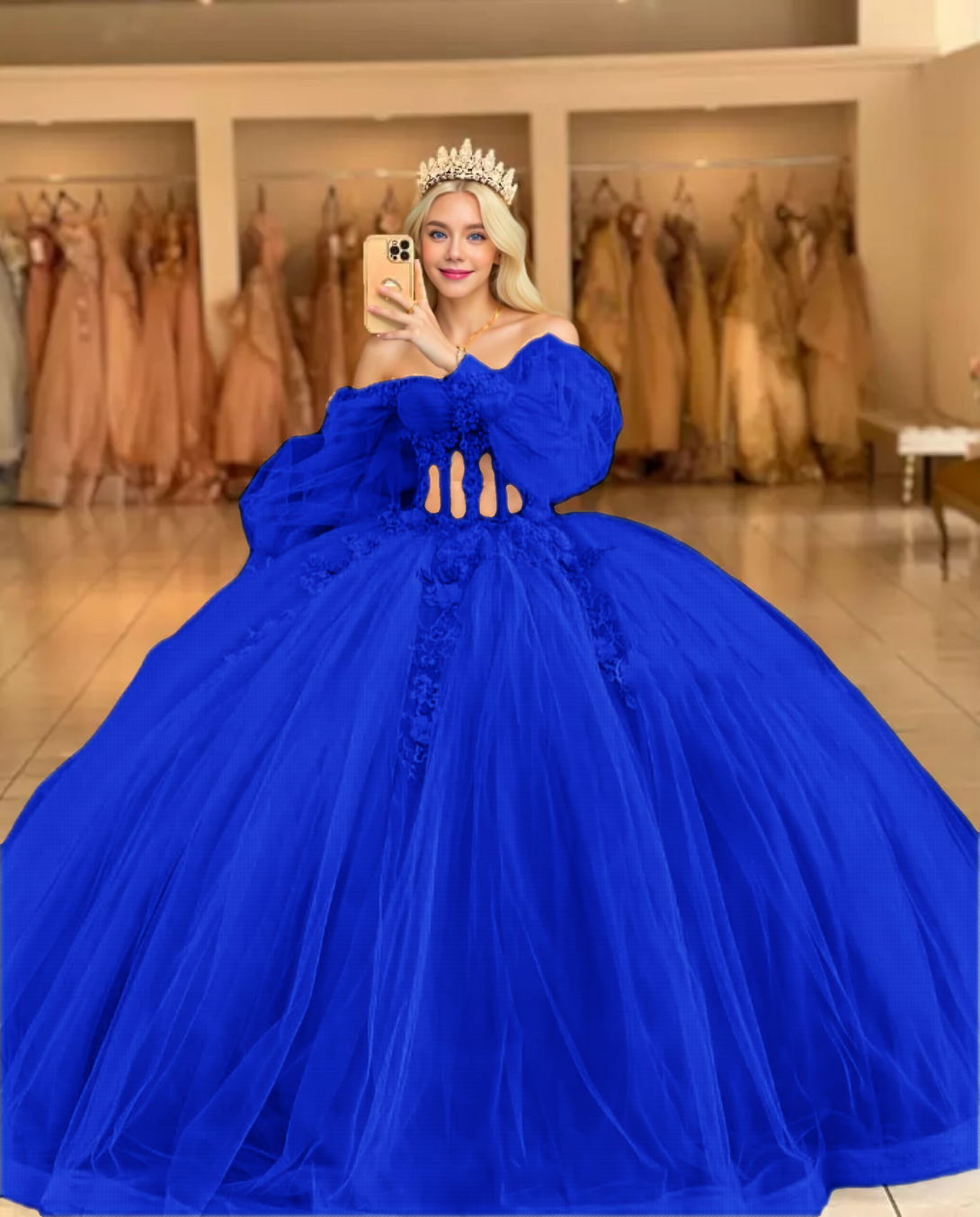 Sky Blue Quinceanera Dresses with 3D Flowers and Half Sleeve Gidiondress Royal Blue 2