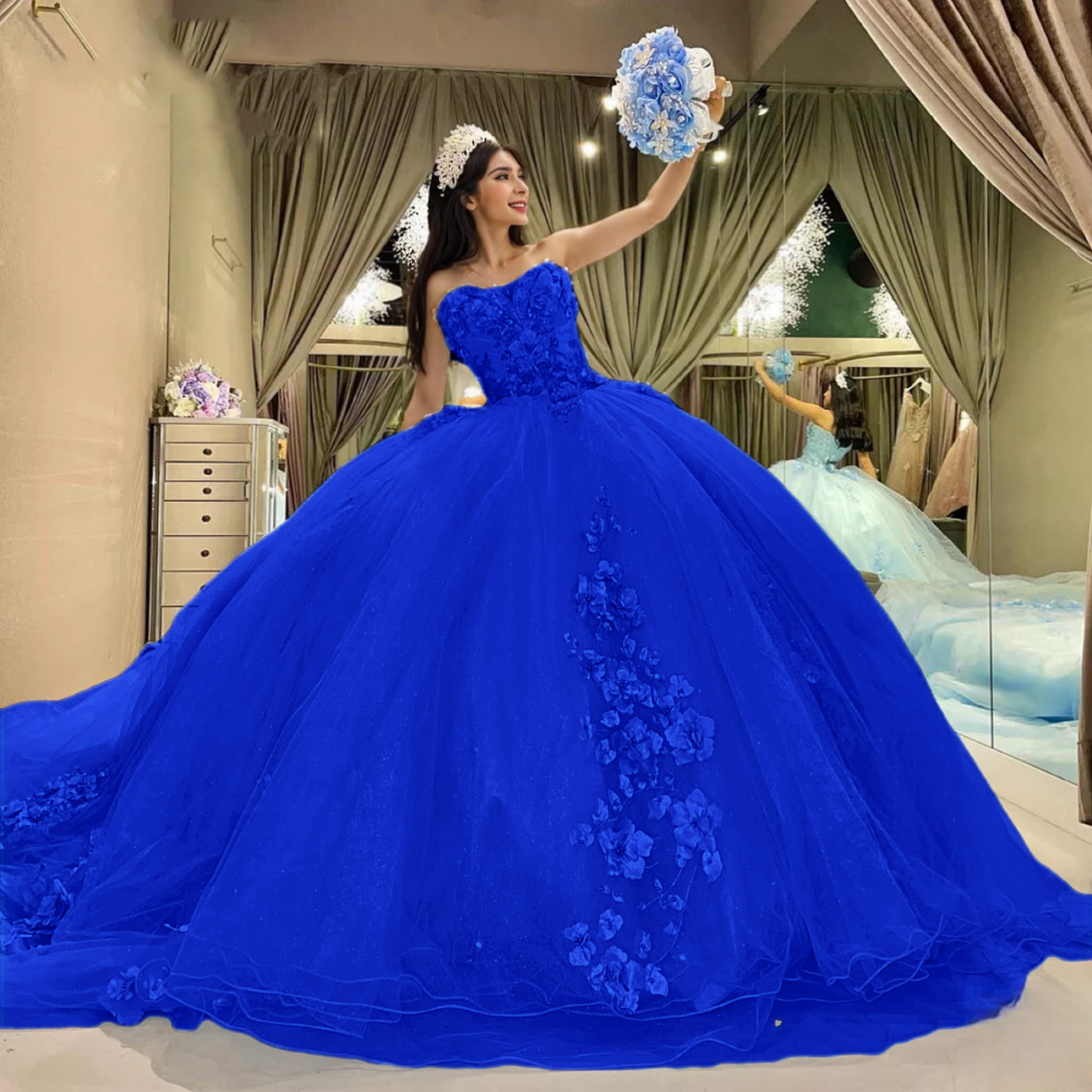 Sky Blue Tulle Ball-Gown Strapless Sleeveless Quinceanera Dresses Gidiondress Royal Blue 2