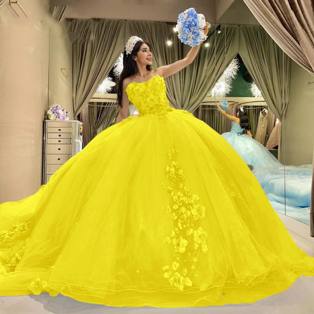 Sky Blue Tulle Ball-Gown Strapless Sleeveless Quinceanera Dresses Gidiondress Yellow 2