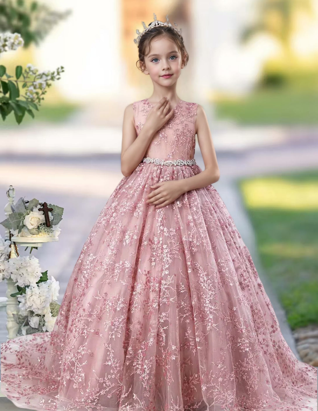 Princess Lace/Tulle Sweep Train Girl's Dress Ball-Gown Scoop Floor-Length Dusty Rose Flower Girl Dress Gidiondress