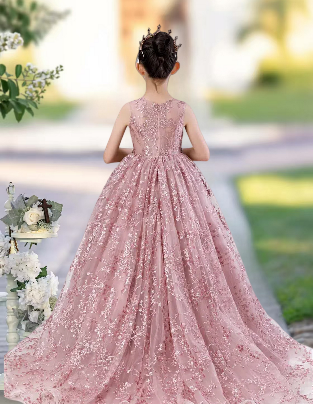 Princess Lace/Tulle Sweep Train Girl's Dress Ball-Gown Scoop Floor-Length Dusty Rose Flower Girl Dress Gidiondress