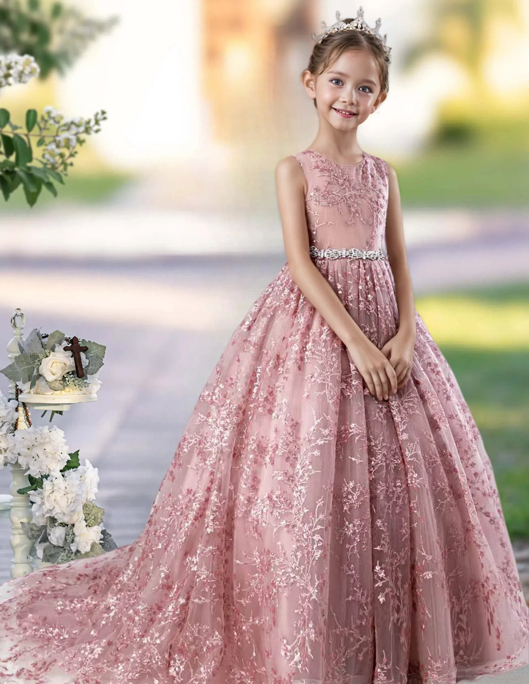 Princess Lace/Tulle Sweep Train Girl's Dress Ball-Gown Scoop Floor-Length Dusty Rose Flower Girl Dress Gidiondress