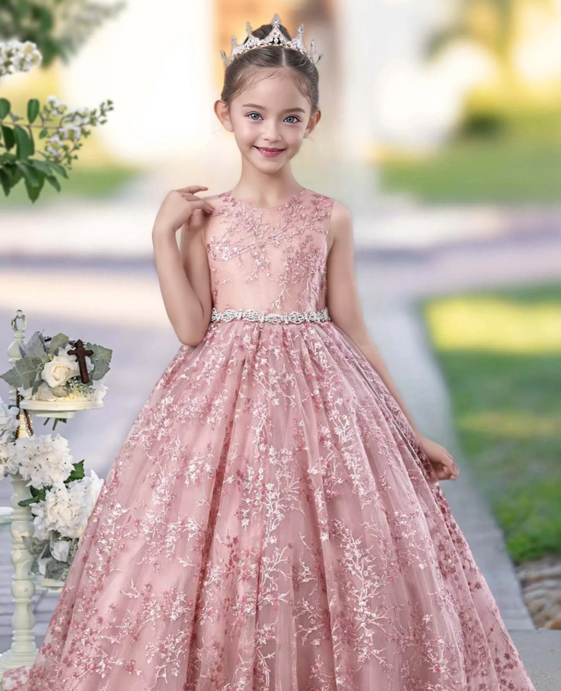 Princess Lace/Tulle Sweep Train Girl's Dress Ball-Gown Scoop Floor-Length Dusty Rose Flower Girl Dress Gidiondress Dusty Rose 12M