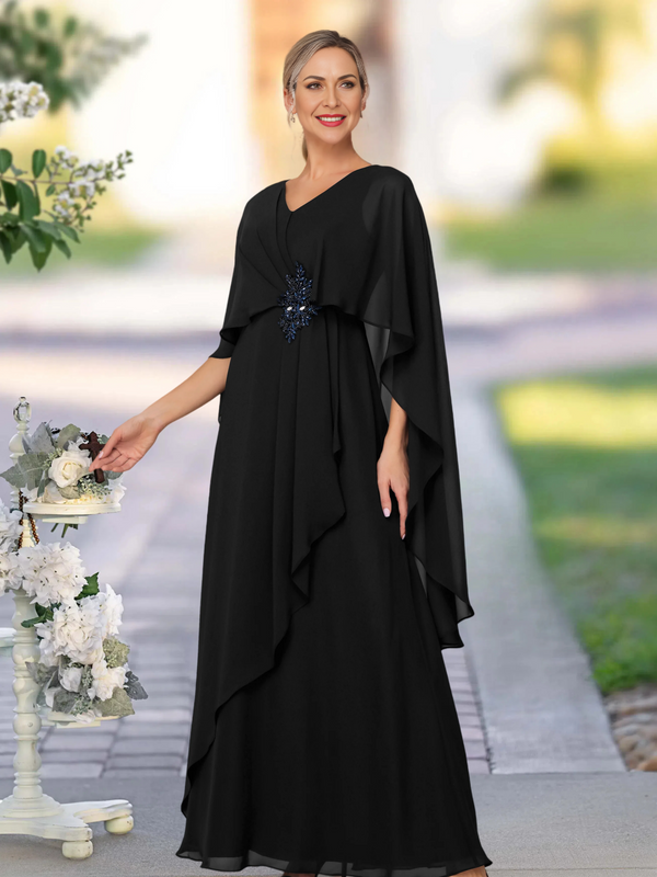 V Neck A Line Chiffon Floor Length Mother Of The Bride Dress