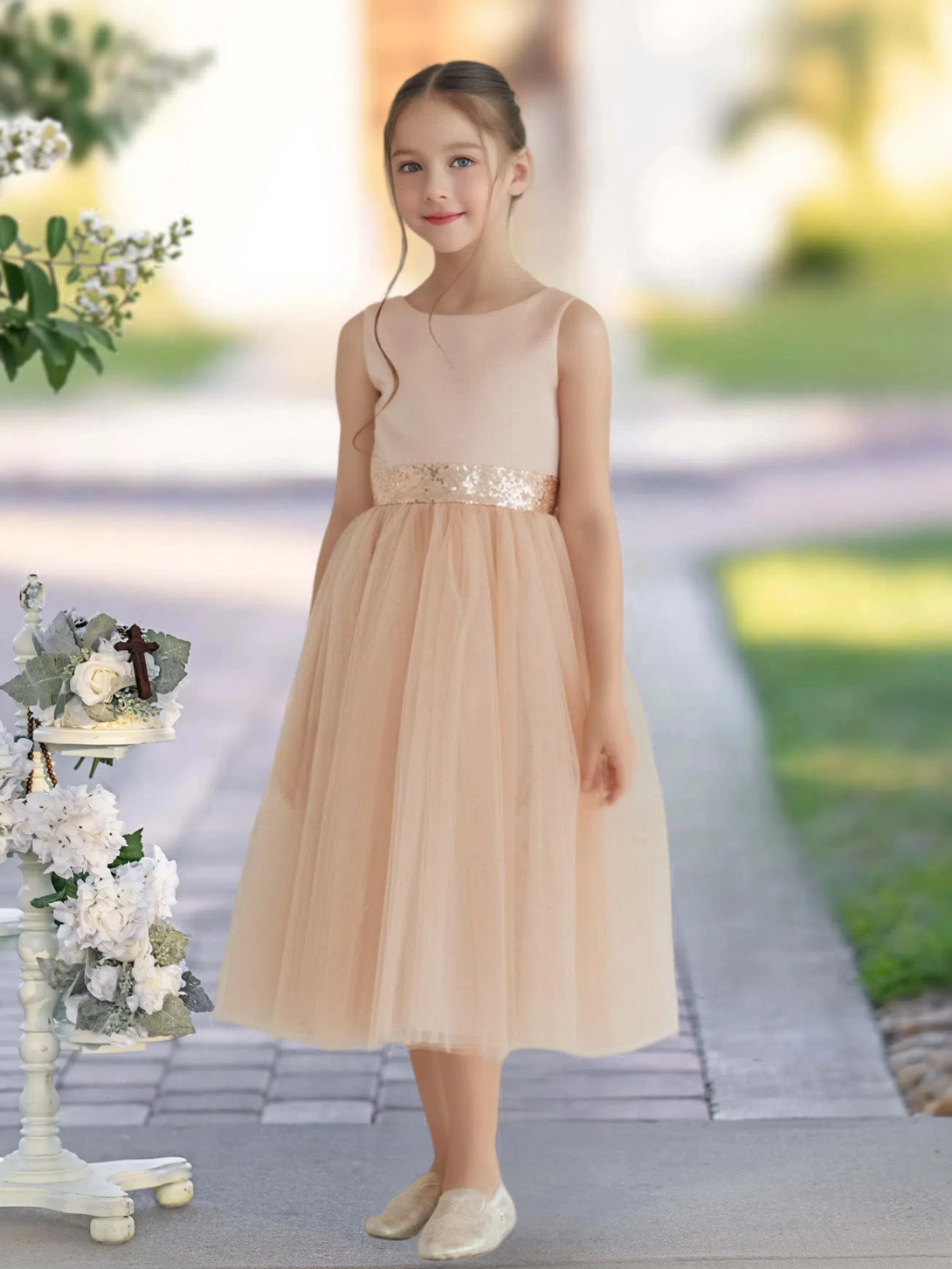 A-Line Scoop Neck Sleeveless Classic Tea-Length Sequins/Satin/Tulle Girls Birthday Dresses With Belt/Bow Gidiondress