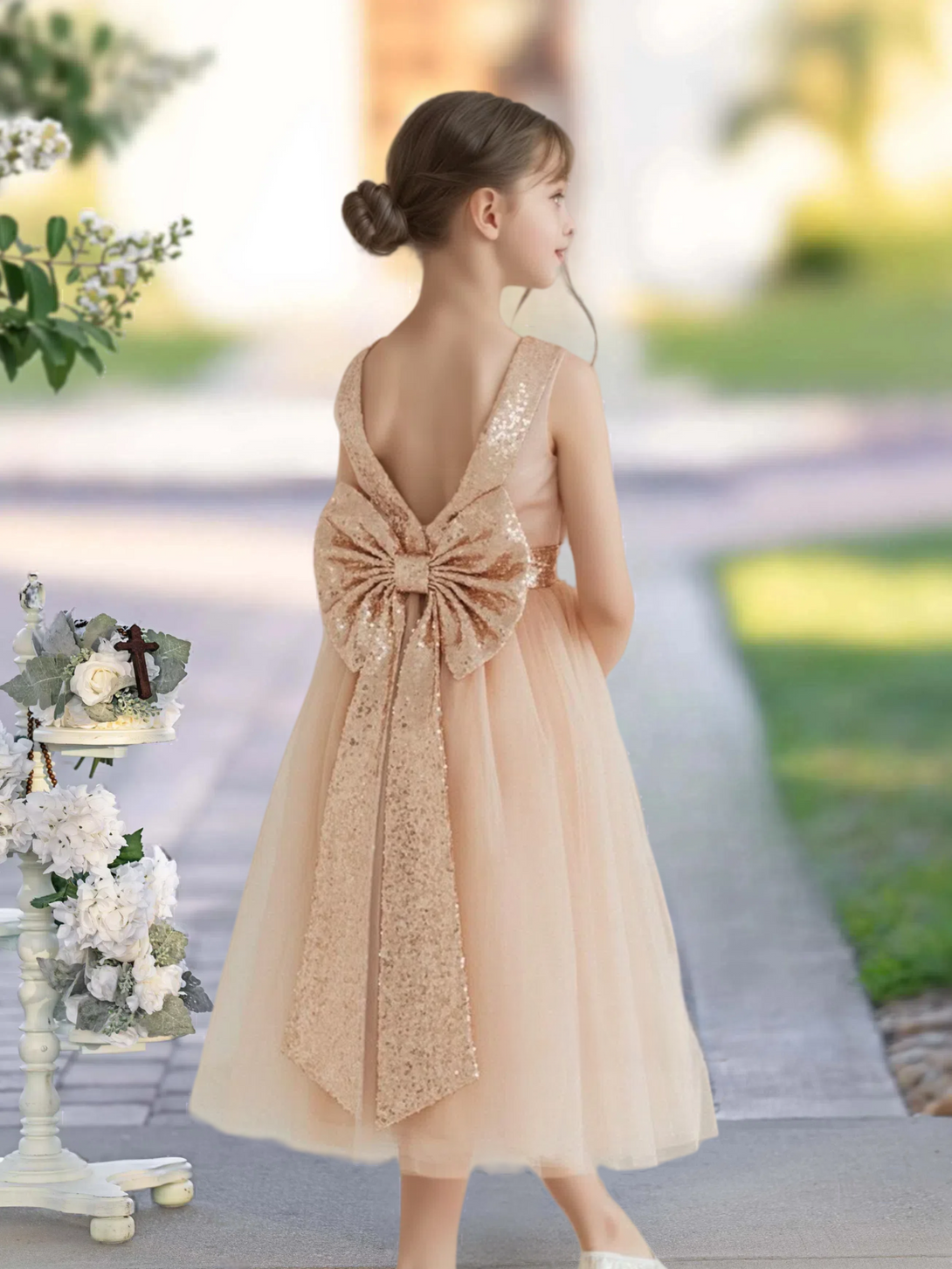 A-Line Scoop Neck Sleeveless Classic Tea-Length Sequins/Satin/Tulle Girls Birthday Dresses With Belt/Bow Gidiondress