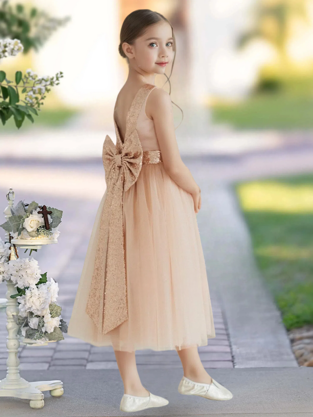 A-Line Scoop Neck Sleeveless Classic Tea-Length Sequins/Satin/Tulle Girls Birthday Dresses With Belt/Bow Gidiondress