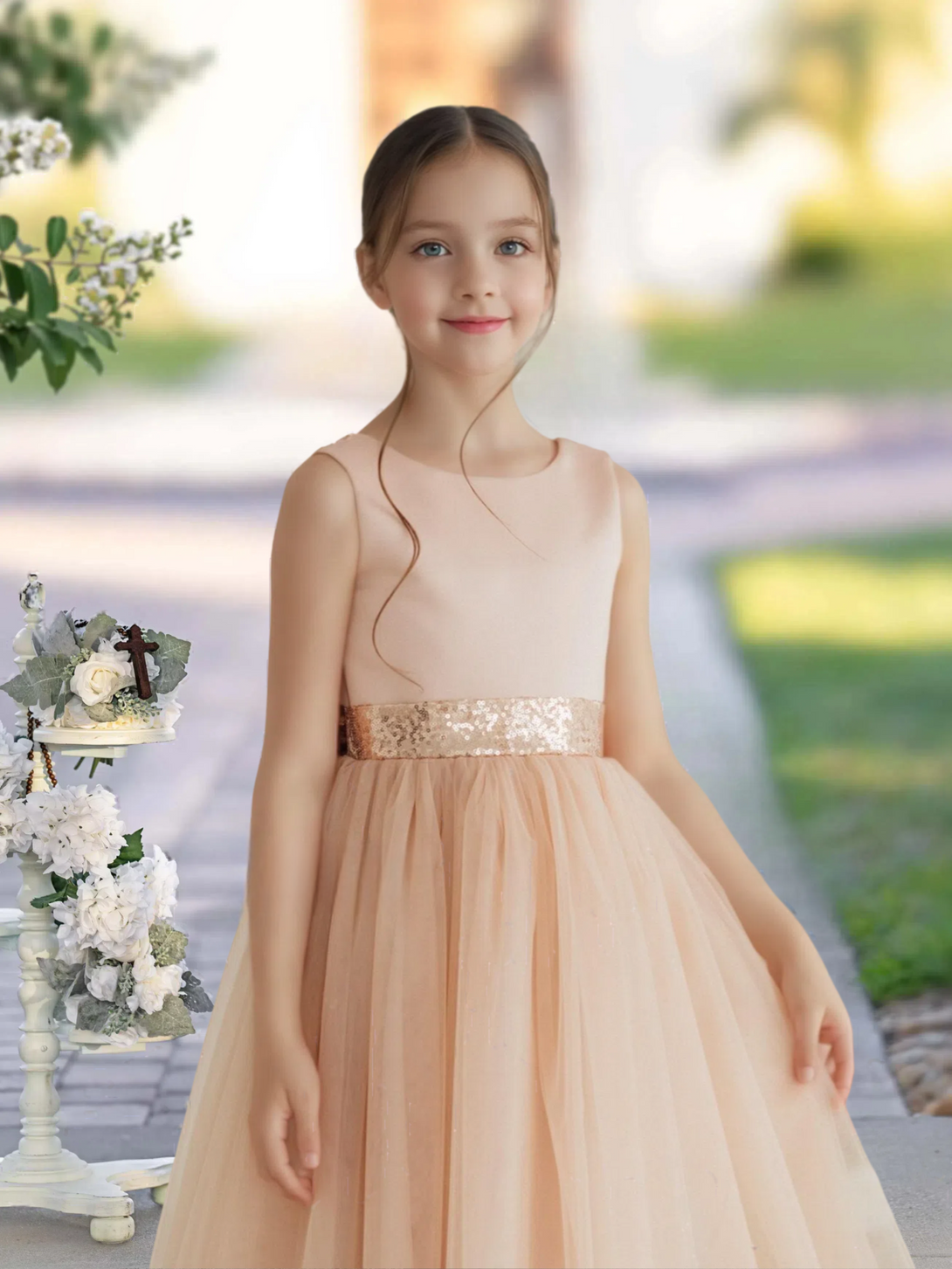 A-Line Scoop Neck Sleeveless Classic Tea-Length Sequins/Satin/Tulle Girls Birthday Dresses With Belt/Bow Gidiondress