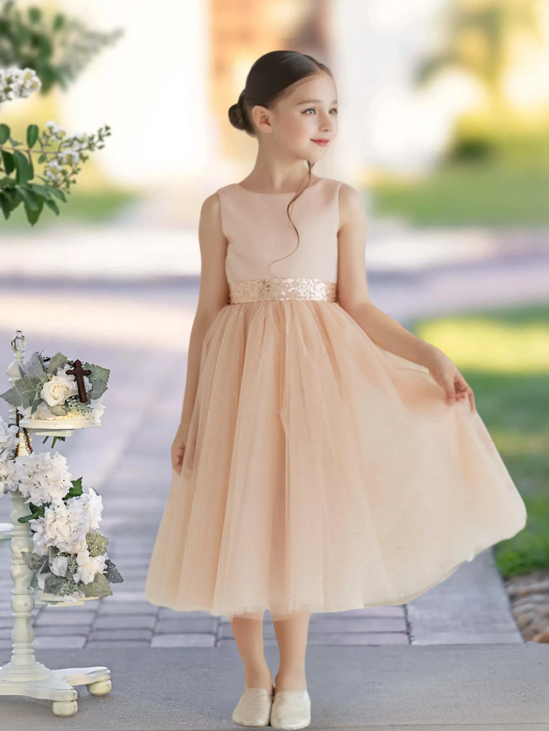 A-Line Scoop Neck Sleeveless Classic Tea-Length Sequins/Satin/Tulle Girls Birthday Dresses With Belt/Bow Gidiondress