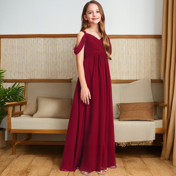 A-line Cold Shoulder Floor-Length Chiffon Junior Bridesmaid Dress With Pleated Gidiondress