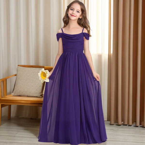 A-Line Cold Shoulder Cowl Floor-Length Chiffon Junior Bridesmaid Dress/Girls Birthday Dresses With Pleated Gidiondress as picture 12M