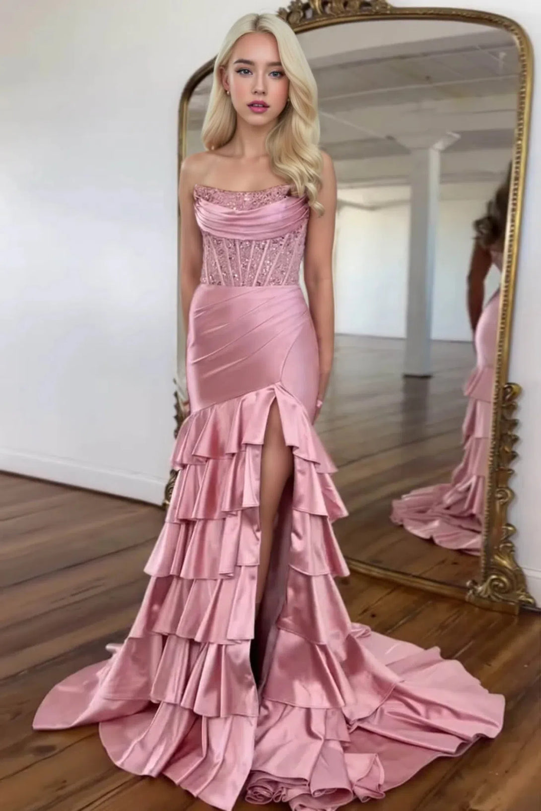 Charming Mermaid Strapless Pink Satin Long Prom Dresses with Appliques BabaMila Dusty Rose 2