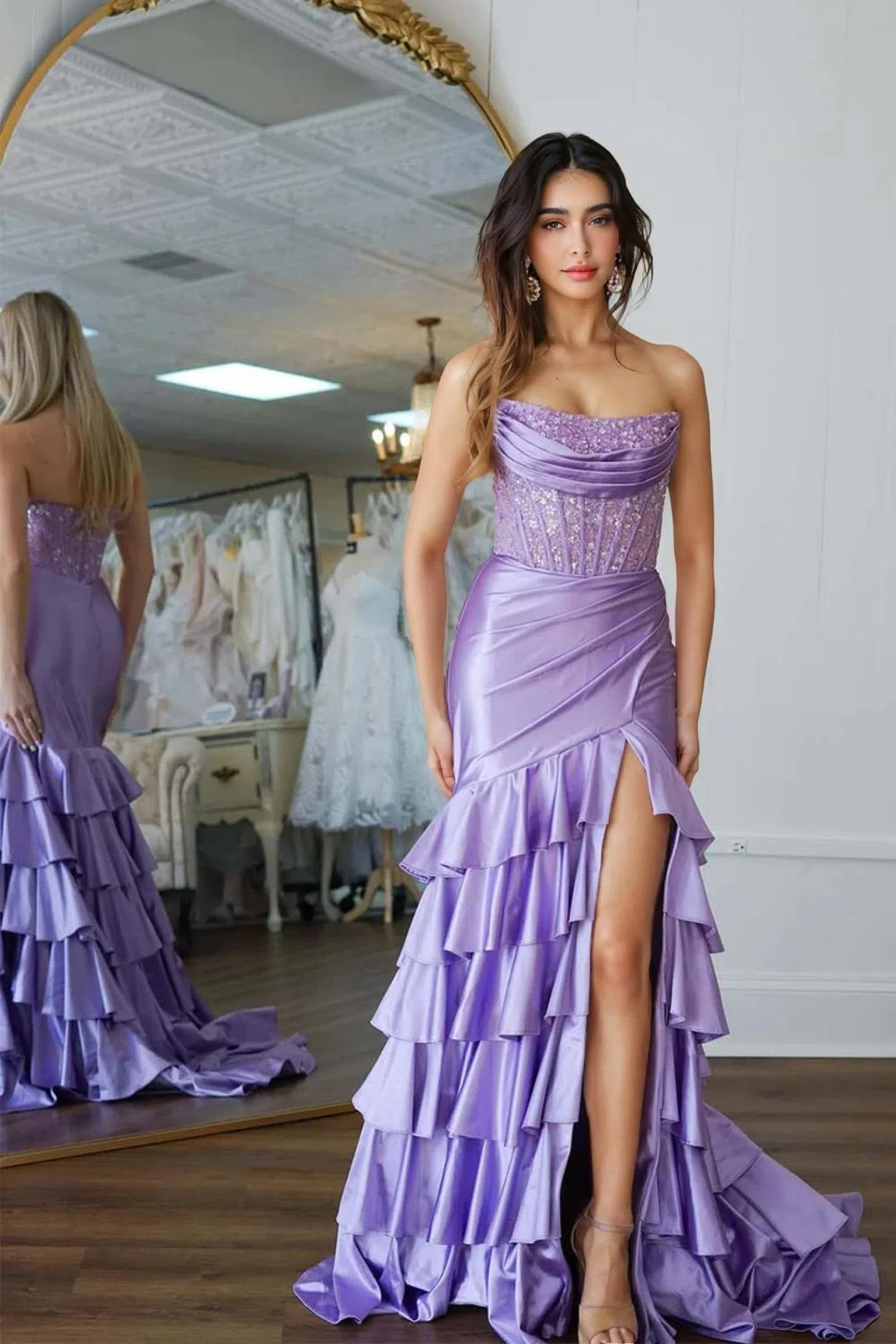 Charming Mermaid Strapless Pink Satin Long Prom Dresses with Appliques BabaMila