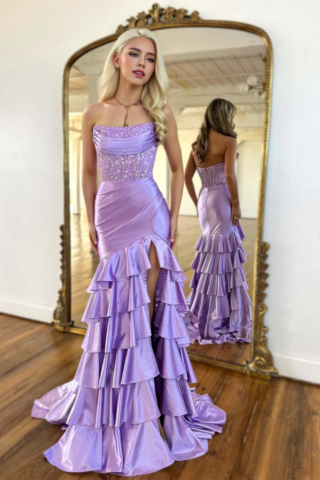 Charming Mermaid Strapless Pink Satin Long Prom Dresses with Appliques BabaMila Lilac 2