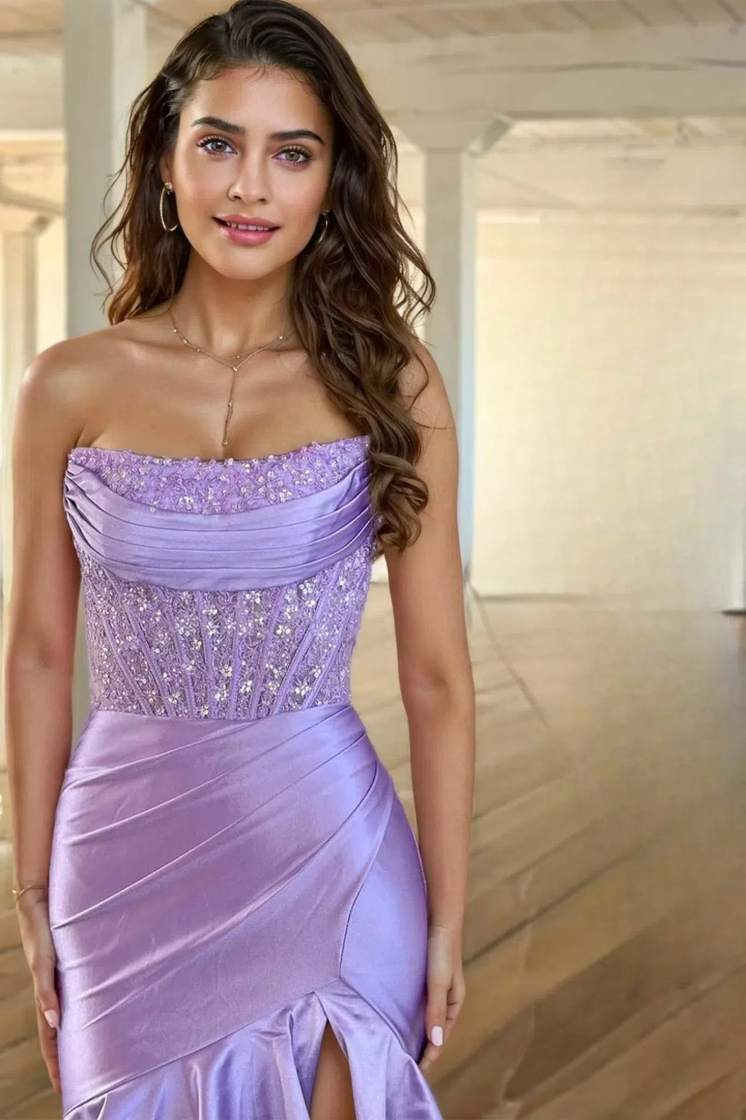 Charming Mermaid Strapless Pink Satin Long Prom Dresses with Appliques BabaMila