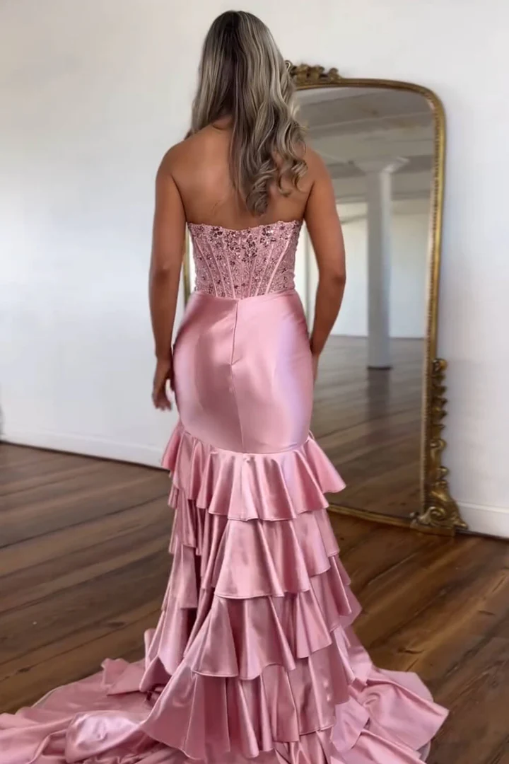 Charming Mermaid Strapless Pink Satin Long Prom Dresses with Appliques BabaMila