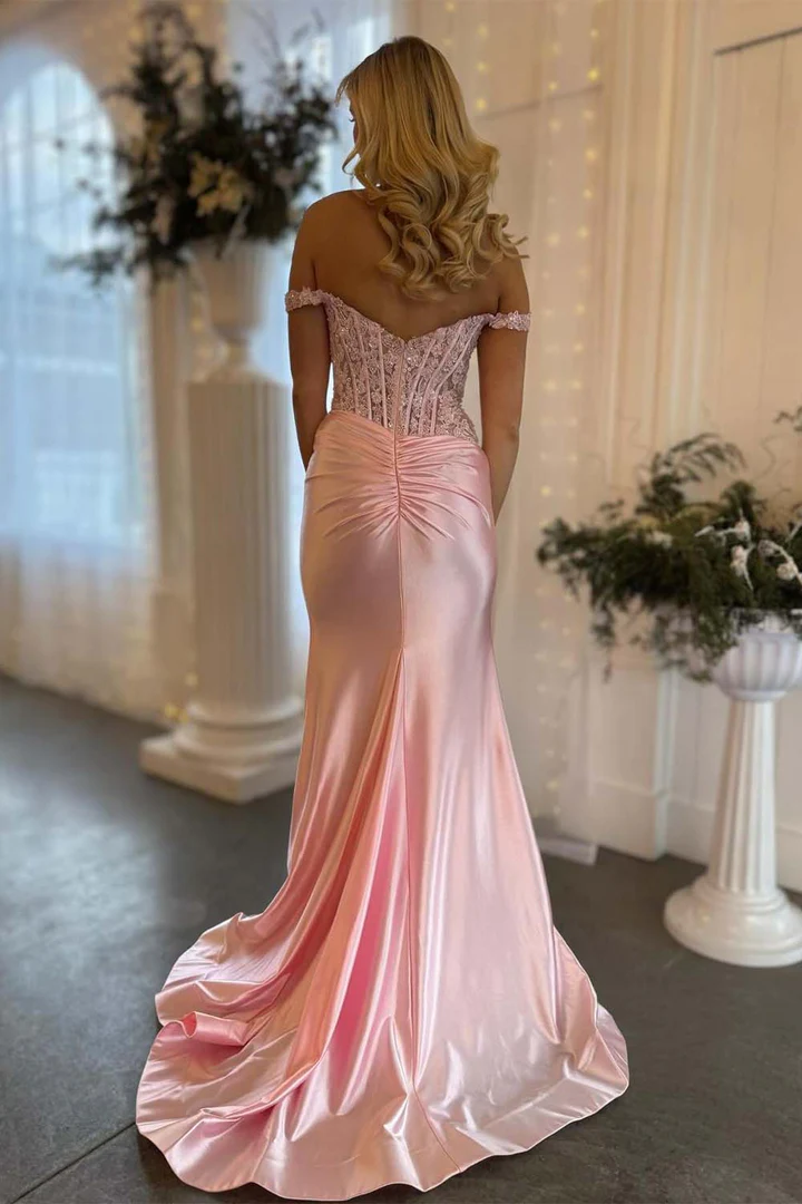 Off the Shoulder Light Pink Long Prom Dress with Appliques BabaMila