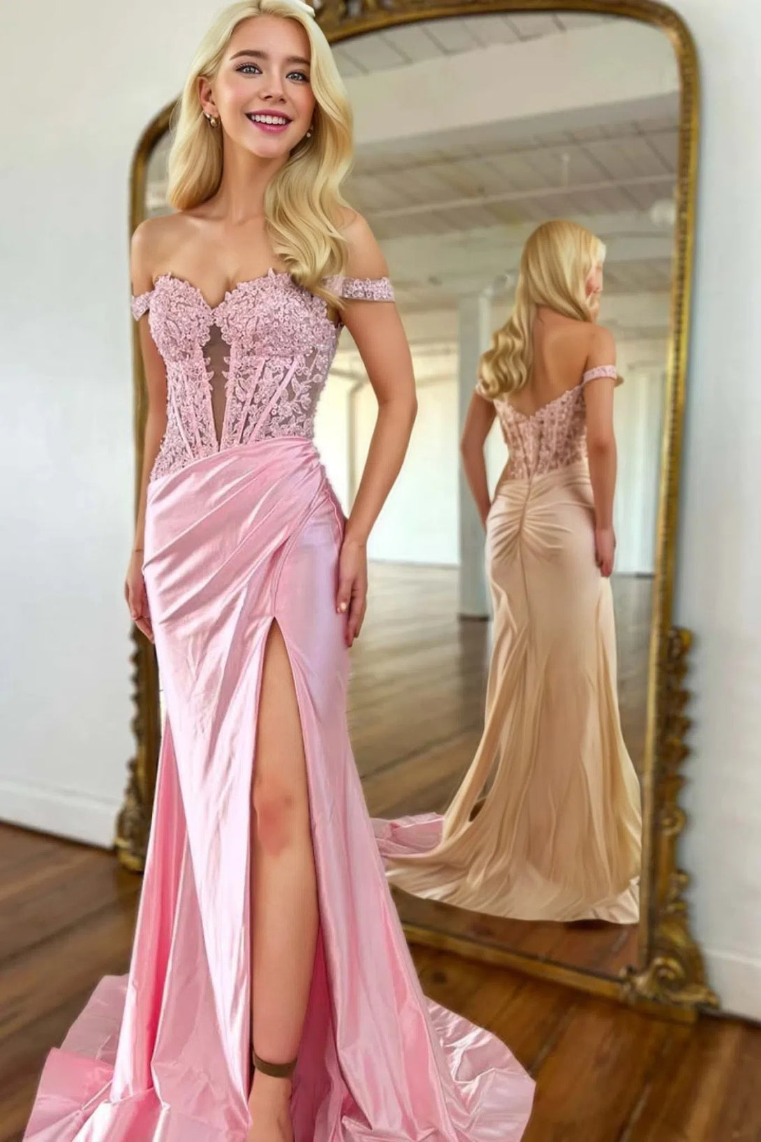 Off the Shoulder Light Pink Long Prom Dress with Appliques BabaMila Pink 2