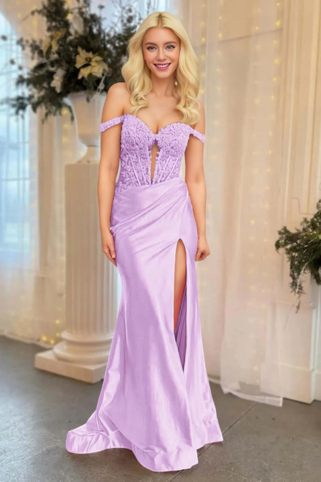 Off the Shoulder Light Pink Long Prom Dress with Appliques BabaMila Lilac 2