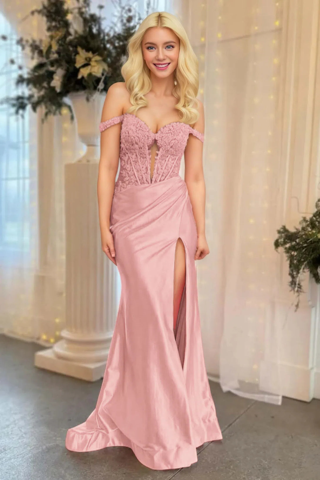 Off the Shoulder Light Pink Long Prom Dress with Appliques BabaMila Dusty Rose 2