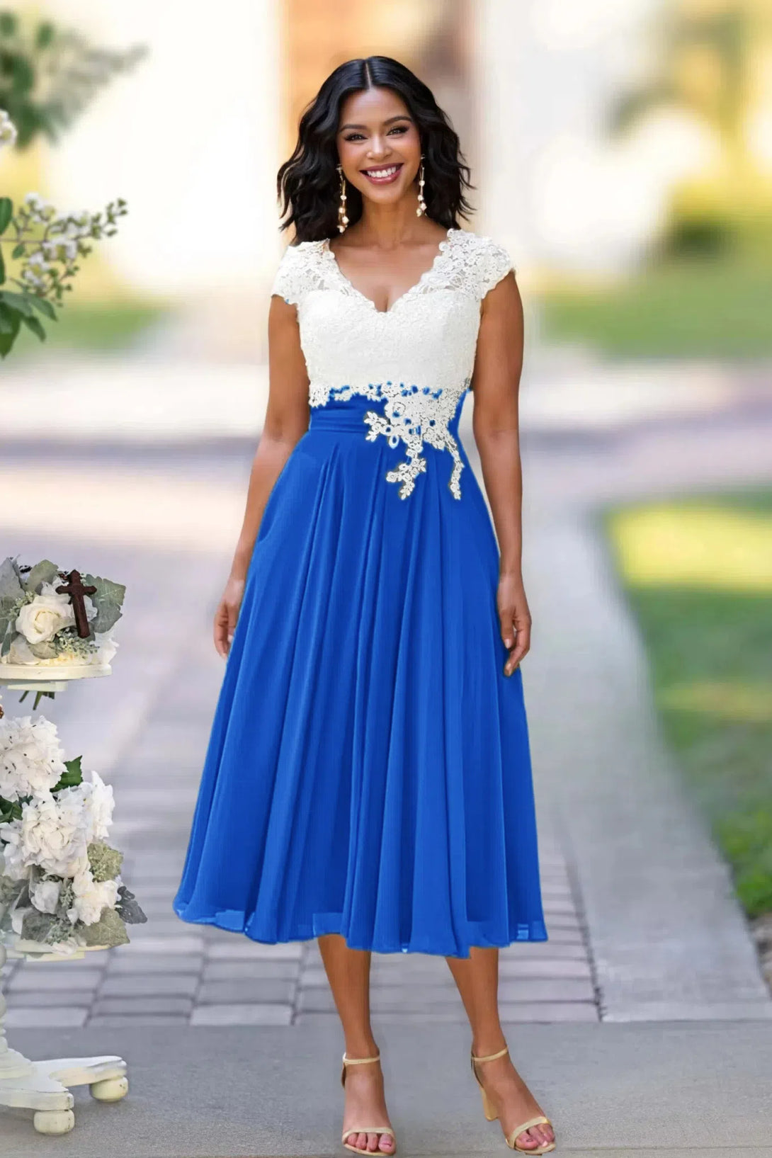 V Neck Lace Chiffon Tea-Length Mother Of The Bride Dresses BabaMila Royal Blue 2