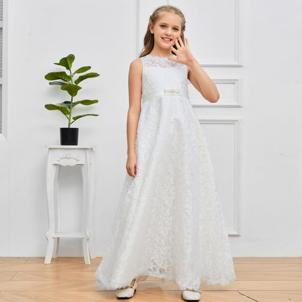 A-Line Boat Neck Sleeveless Floor-Length Ivory Lace/Satin Flower Girl Dresses/First Communion Dress With Beads Belt Gidiondress