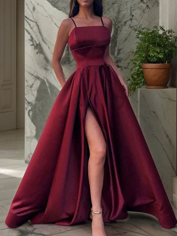 A-Line/Princess Satin Ruffles Spaghetti Straps Sleeveless Floor-Length Dresses BabaMila Burgundy 2