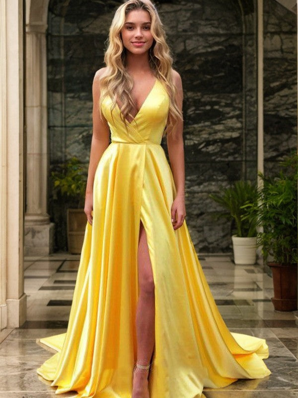 A-Line/Princess Elastic Woven Satin Ruffles V-neck Sleeveless Sweep/Brush Train Dresses BabaMila Yellow 2