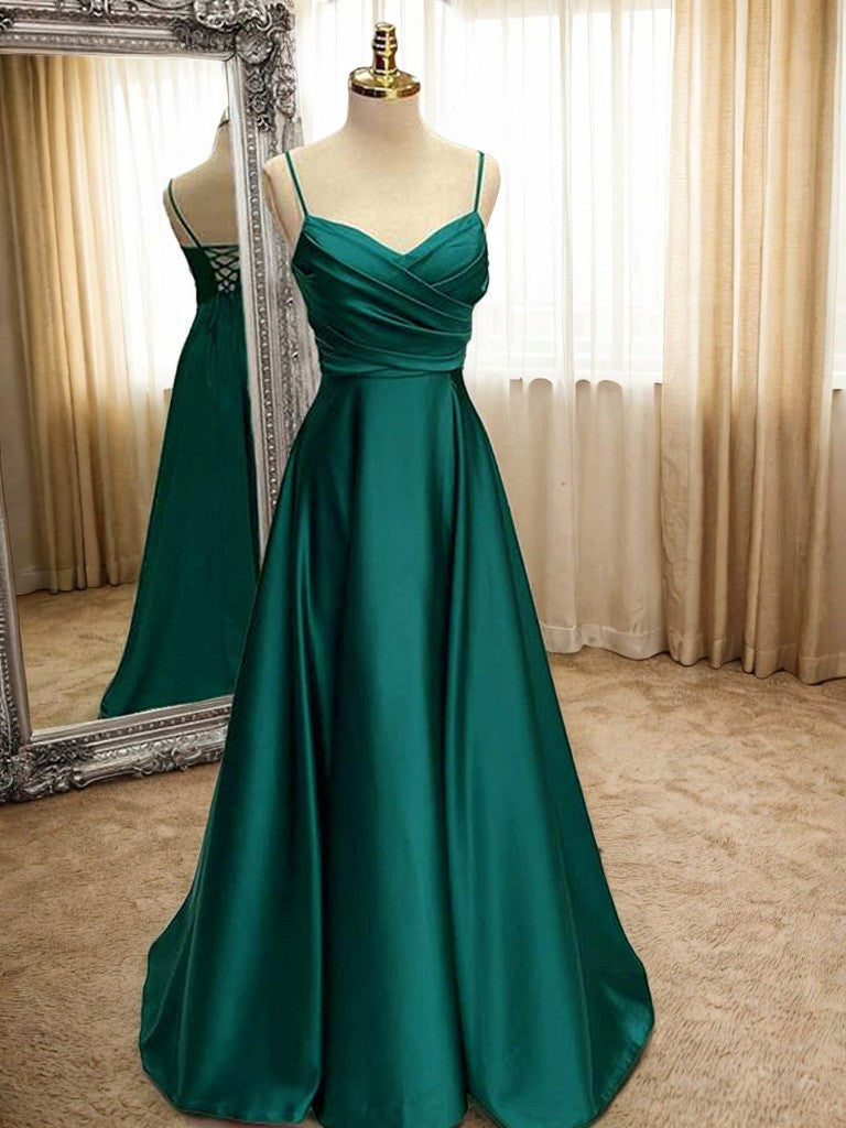 A-Line/Princess Elastic Woven Satin Ruffles V-neck Sleeveless Sweep/Brush Train Dresses BabaMila Dark Green 2