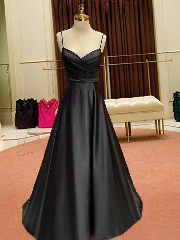 A-Line/Princess Elastic Woven Satin Ruffles V-neck Sleeveless Sweep/Brush Train Dresses BabaMila Black 2