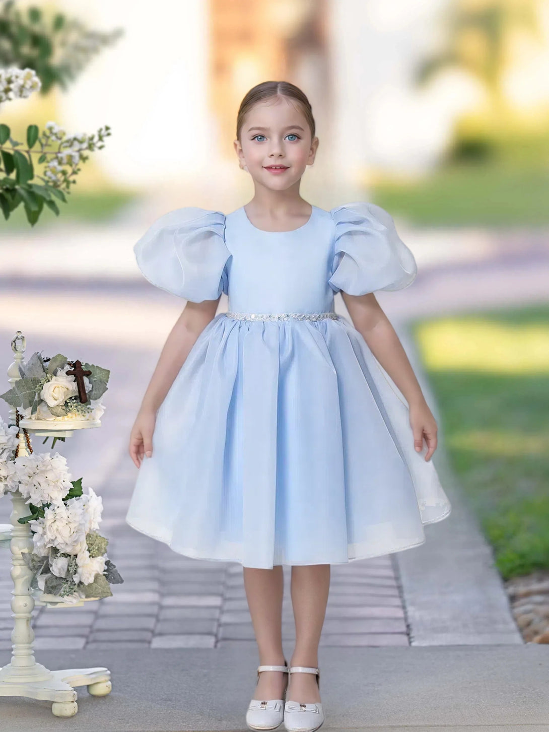 A-line Scoop Knee-Length TuTu Dress Sky Blue Organza Flower Girl Dress With Belt Beading Gidiondress