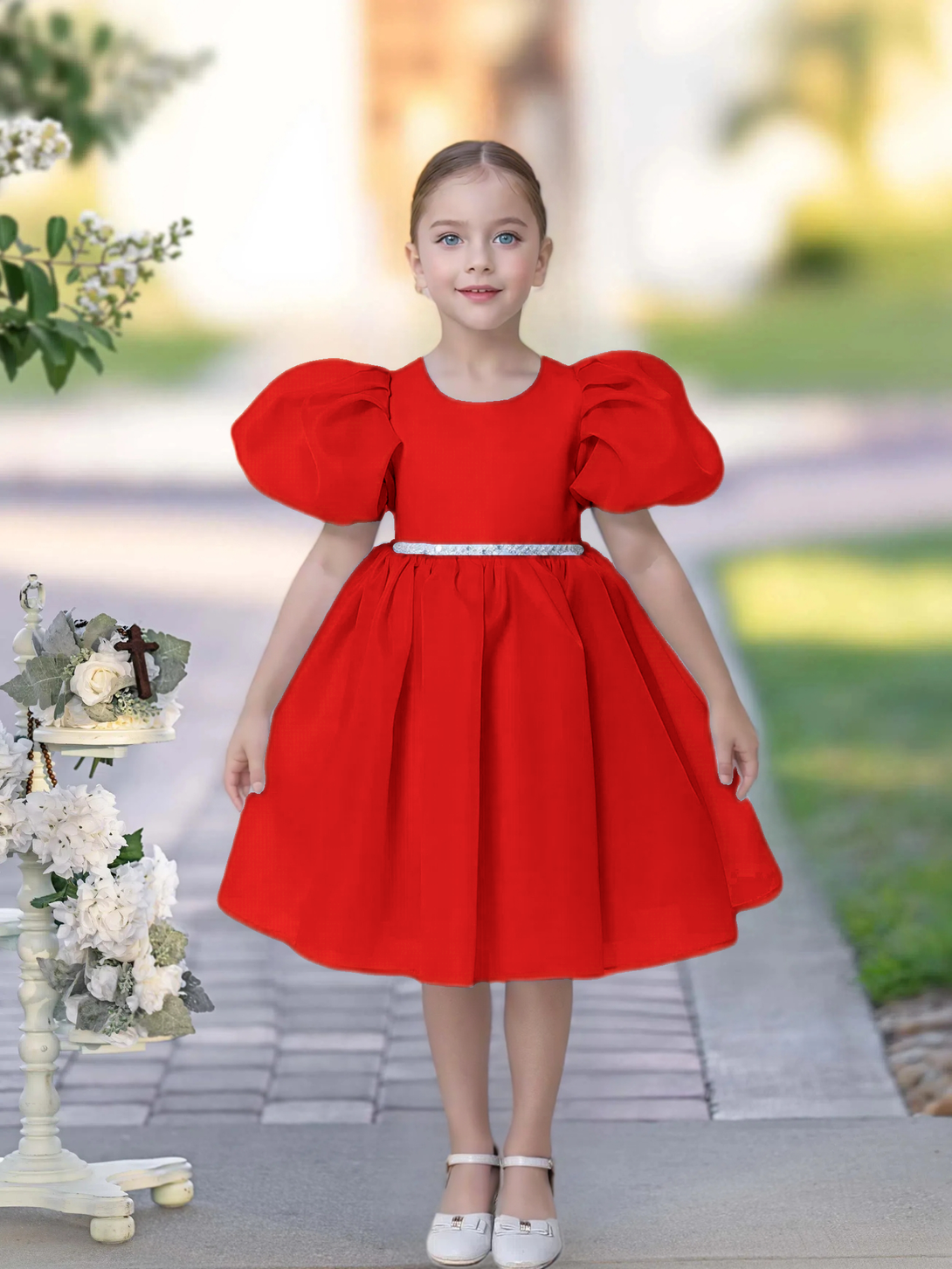 A-line Scoop Knee-Length TuTu Dress Sky Blue Organza Flower Girl Dress With Belt Beading Gidiondress