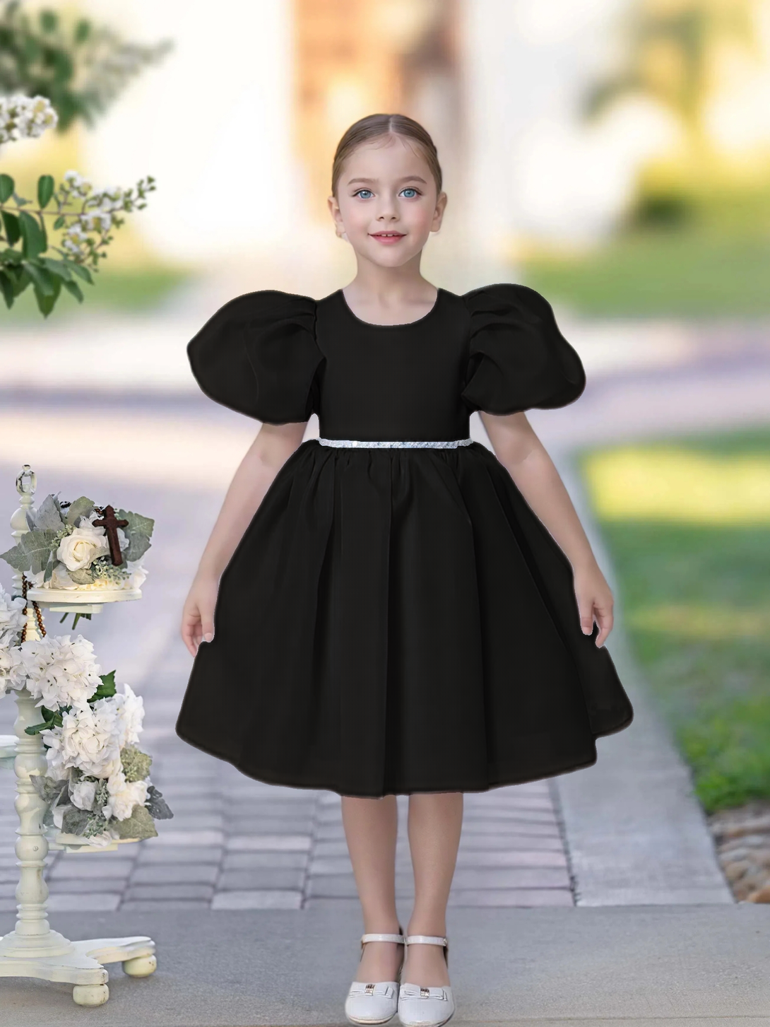 A-line Scoop Knee-Length TuTu Dress Sky Blue Organza Flower Girl Dress With Belt Beading Gidiondress