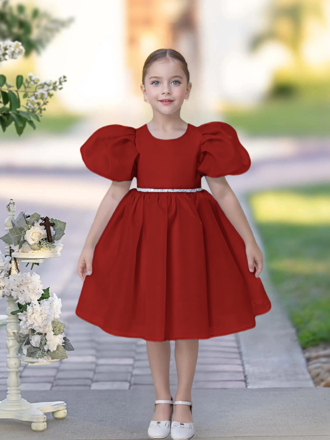 A-line Scoop Knee-Length TuTu Dress Sky Blue Organza Flower Girl Dress With Belt Beading Gidiondress Burgundy 12M