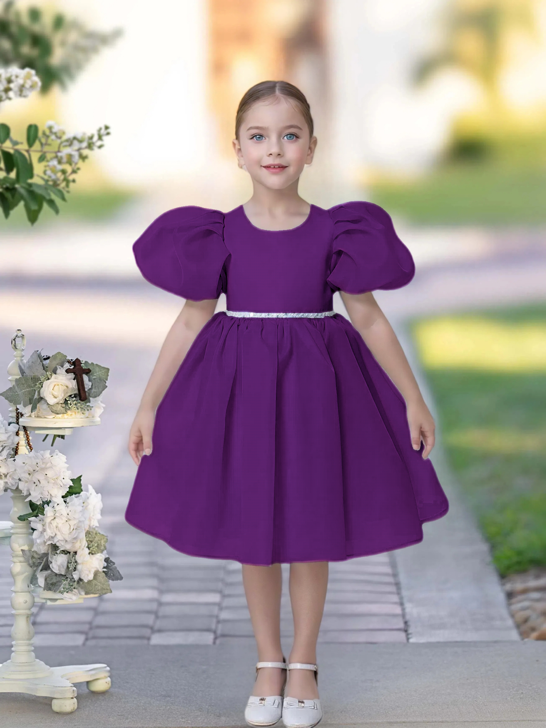 A-line Scoop Knee-Length TuTu Dress Sky Blue Organza Flower Girl Dress With Belt Beading Gidiondress