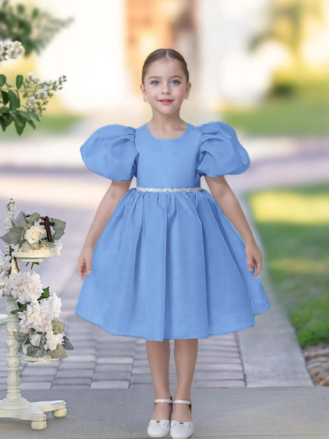 A-line Scoop Knee-Length TuTu Dress Sky Blue Organza Flower Girl Dress With Belt Beading Gidiondress