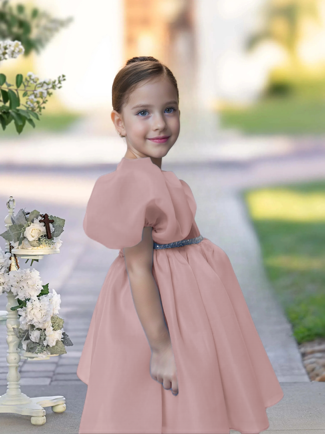 A-line Scoop Knee-Length TuTu Dress Sky Blue Organza Flower Girl Dress With Belt Beading Gidiondress