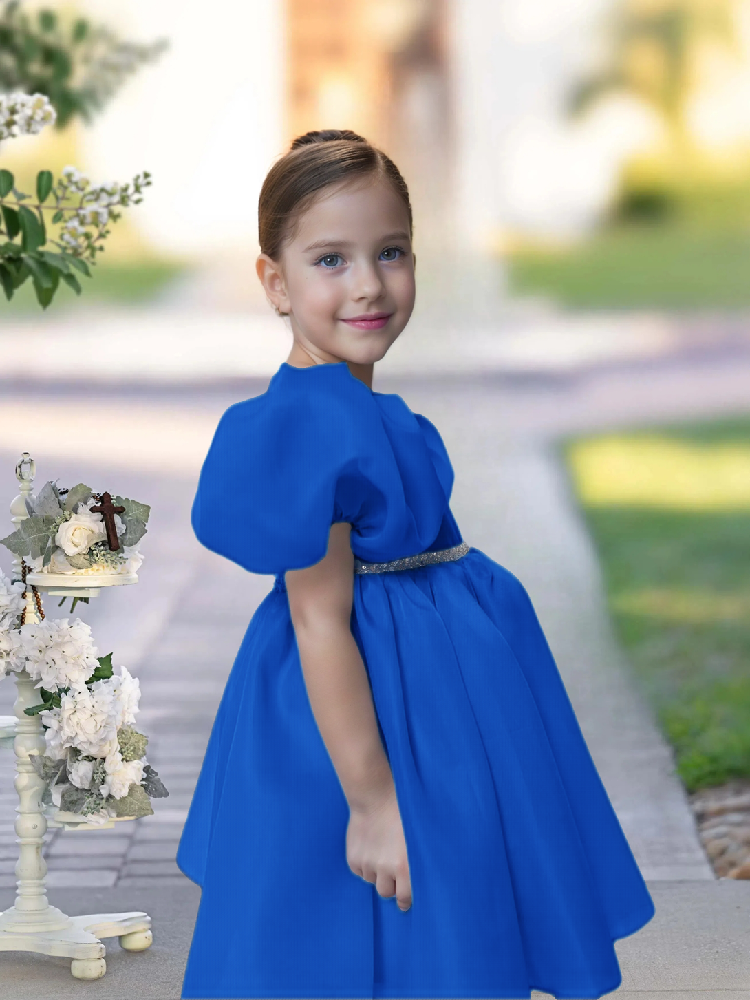 A-line Scoop Knee-Length TuTu Dress Sky Blue Organza Flower Girl Dress With Belt Beading Gidiondress