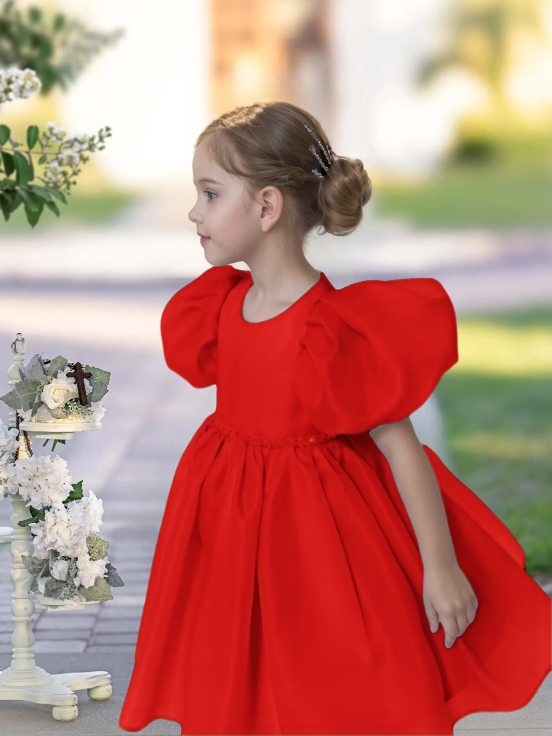 A-line Scoop Knee-Length TuTu Dress Sky Blue Organza Flower Girl Dress With Belt Beading Gidiondress Red 12M