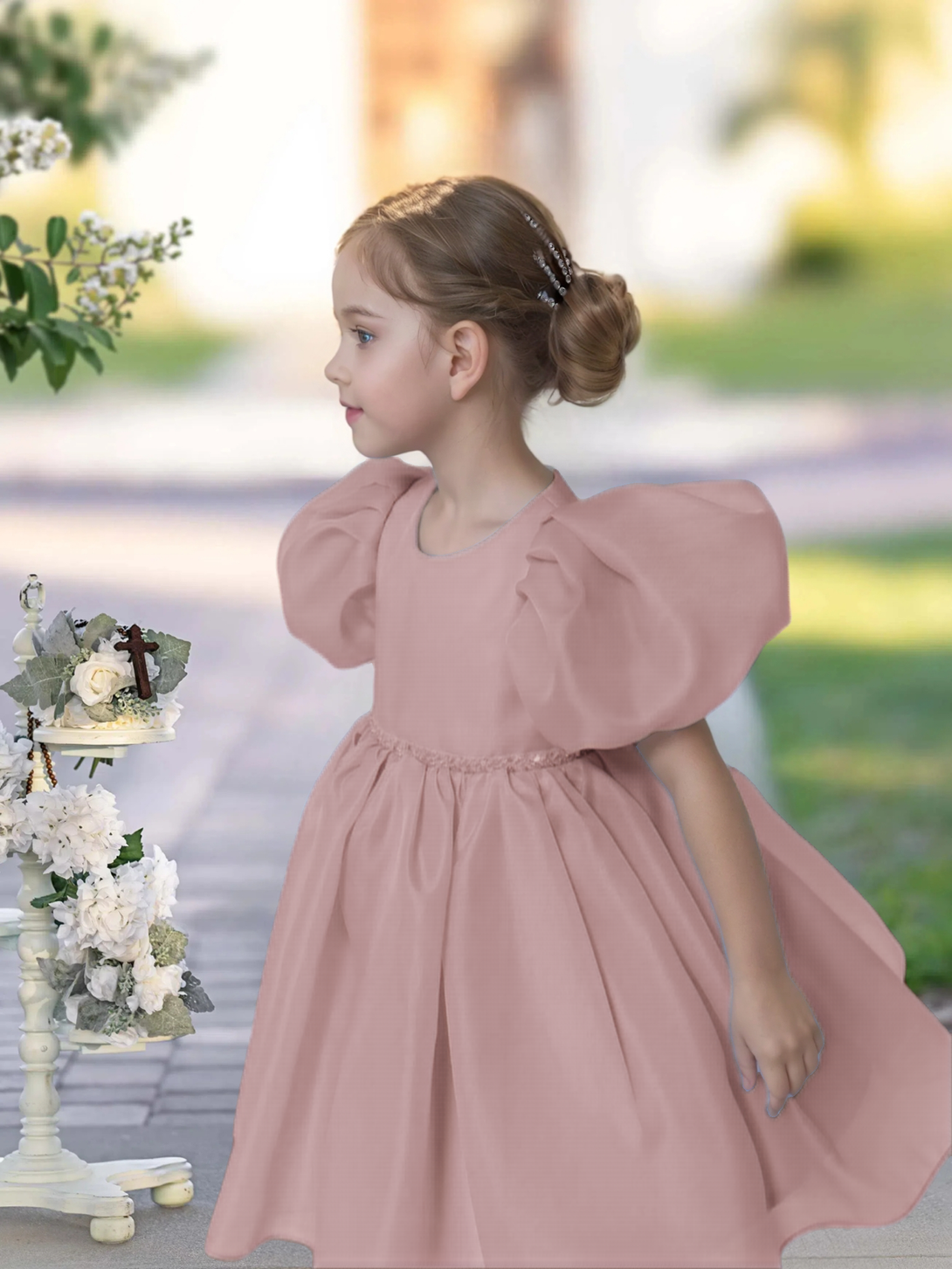 A-line Scoop Knee-Length TuTu Dress Sky Blue Organza Flower Girl Dress With Belt Beading Gidiondress Dusty Rose 12M